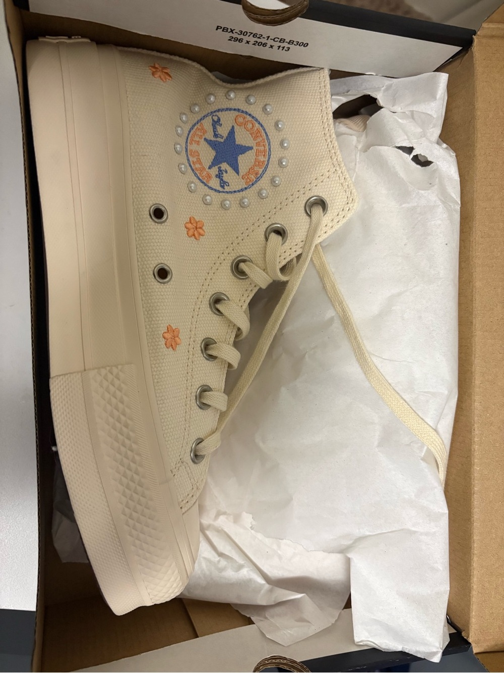 Canvas High-Top Platform Sneakers in Cream with Pearl/Embroidery